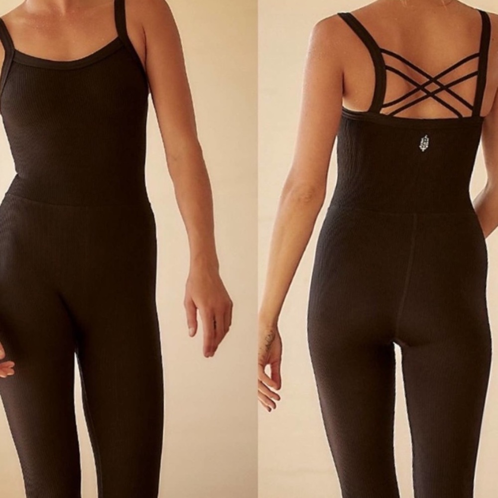 Free People Movement Happiness Runs Strappy Black Onesi Ribbed in Black Size M/L